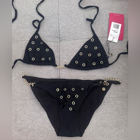 Forplay 2 Piece Black Gold Grommet and chain Bikini Set - Thumbnail 5