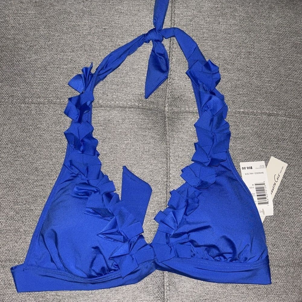 Kenneth Cole Blue Ruffle Banded Halter Bikini Top (Size Medium)