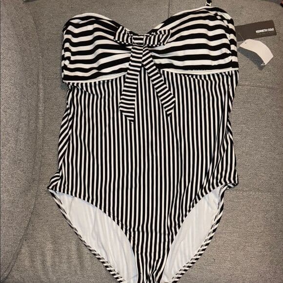 Kenneth Cole Black White Striped One Piece Swimsuit Bow Detail Size XL - Thumbnail 4