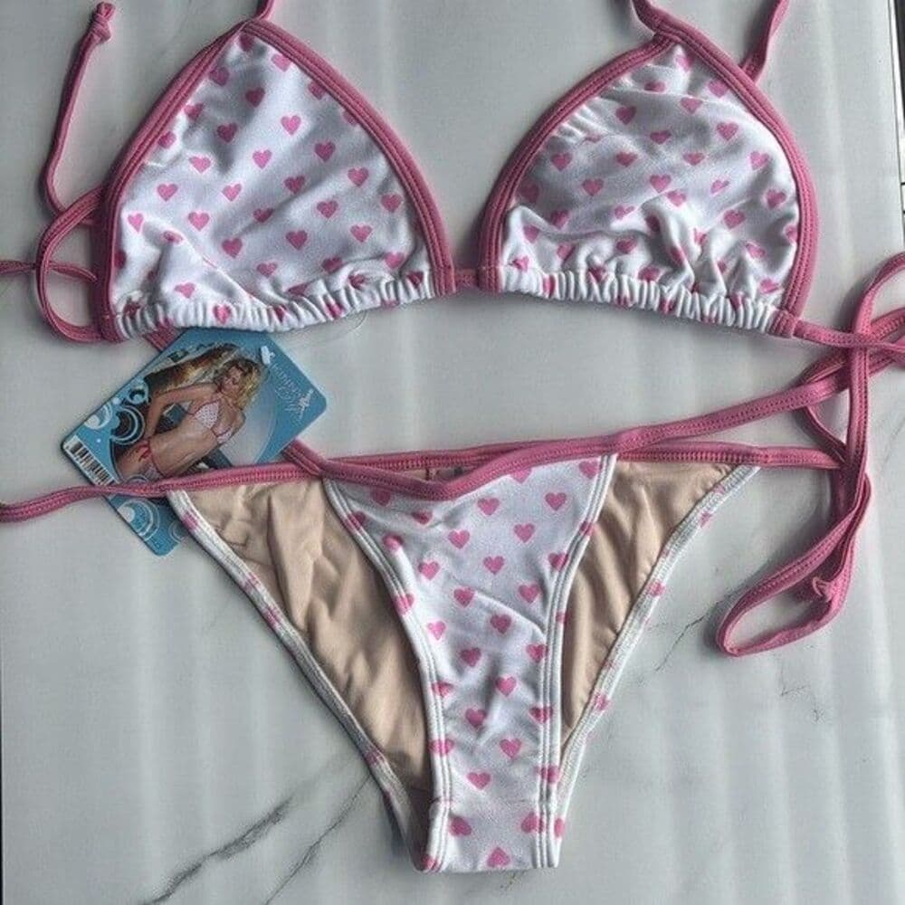 Leg Avenue Hot Pink & White Heart String Bikini Set Large