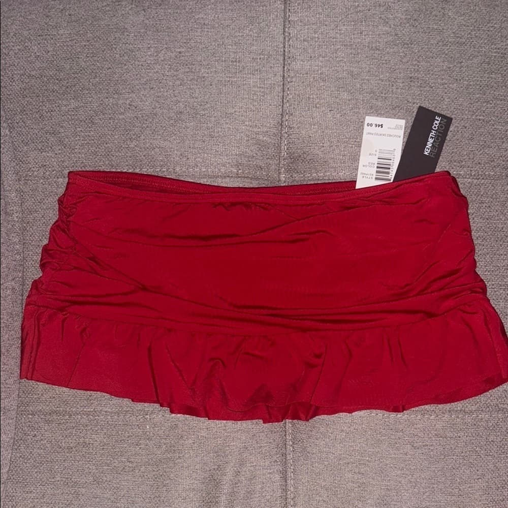 Kenneth Cole Reaction: Red Ruched Ruffle Skirted Bikini Bottom