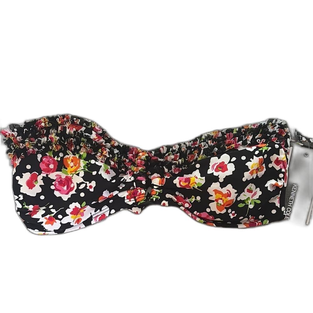 Kenneth Cole Floral Bandeau Bikini Top NWT Black Red Vibrant Print Size Medium - Thumbnail 2