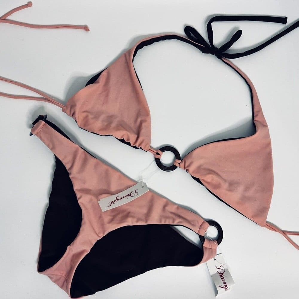 Dreamgirl: 2-in-1 Fully Reversible Pink/Brown Halter Bikini with Ring Detail​ - Thumbnail 2