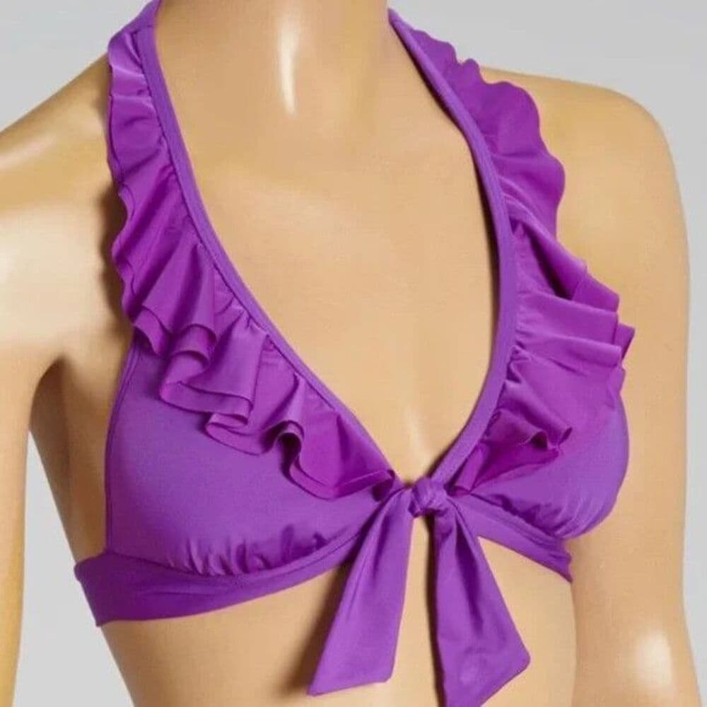 Kenneth Cole Reaction Purple Ruffle Banded Halter Bikini Top Size Medium