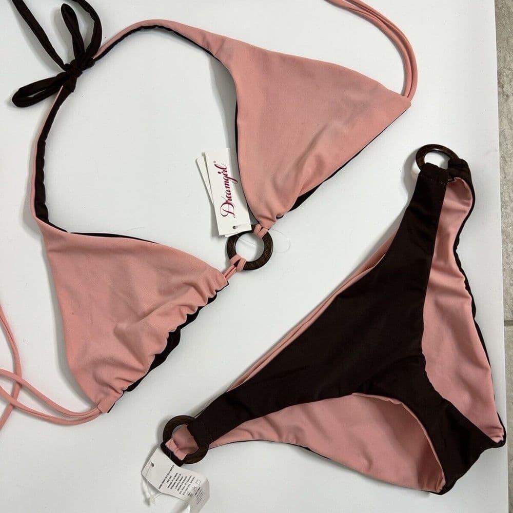 Dreamgirl: 2-in-1 Fully Reversible Pink/Brown Halter Bikini with Ring Detail​ - Thumbnail 6