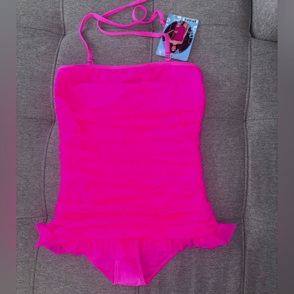 Leg Avenue Skinny Dip Small Swimwear Ruched Mesh Halter Swimsuit - Hot Pink