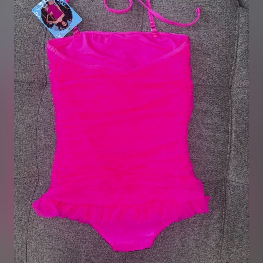 Leg Avenue Skinny Dip Small Swimwear Ruched Mesh Halter Swimsuit - Hot Pink - Thumbnail 2