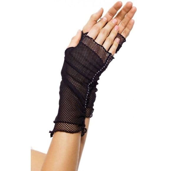 Fishnet Fingerless Gloves with Rhinestone Trim - Thumbnail 2