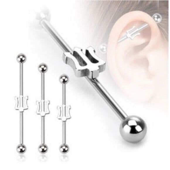 Industrial Barbell with Trident – 14g 316L Stainless Steel - Thumbnail 2
