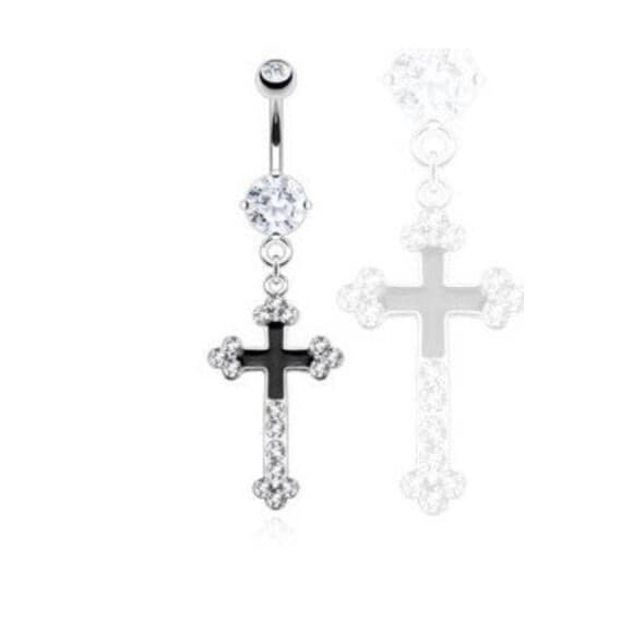 Hollywood Body Jewelry Multi CZ Black Epoxy Cross Navel Ring - Thumbnail 2