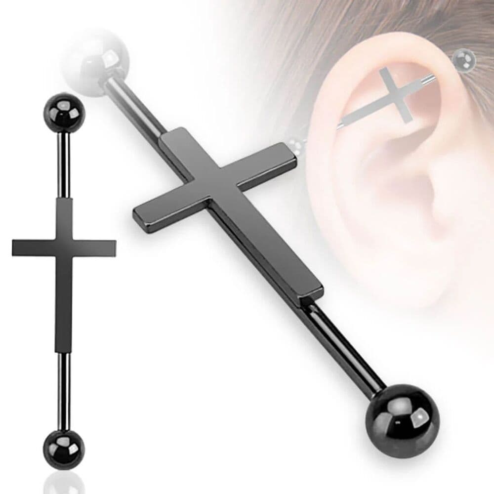 Cross Industrial Barbell 14G Surgical Steel | 35mm – Black | Single Bar