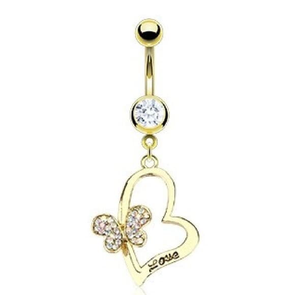 Gold Butterfly & LOVE Heart Navel Ring – 14G Gold IP Surgical Steel Belly Button - Thumbnail 2