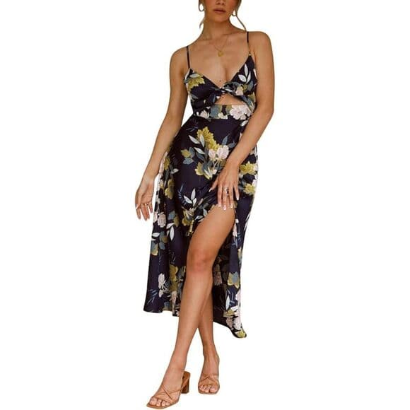 Women Medium Spaghetti Strap Midi Satin Dresses Tie Front Backless Slit Cutout D - Thumbnail 8