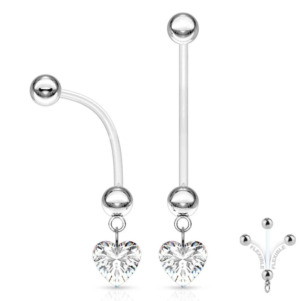 Pregnancy Clear Heart Navel Ring – 14G BioFlex 1” Bar