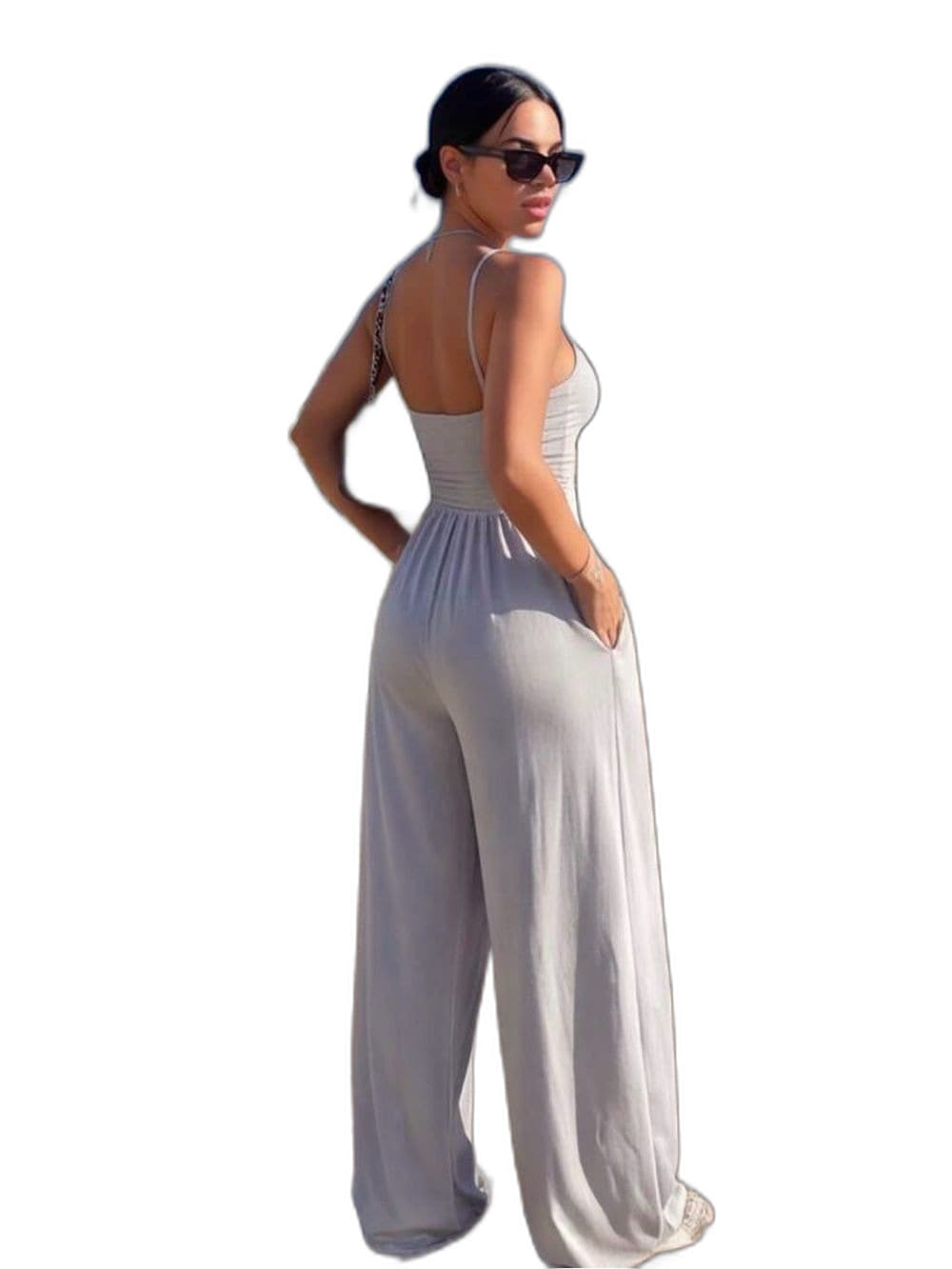 Women's Light Gray Sleeveless Jumpsuit Size Large - Thumbnail 3