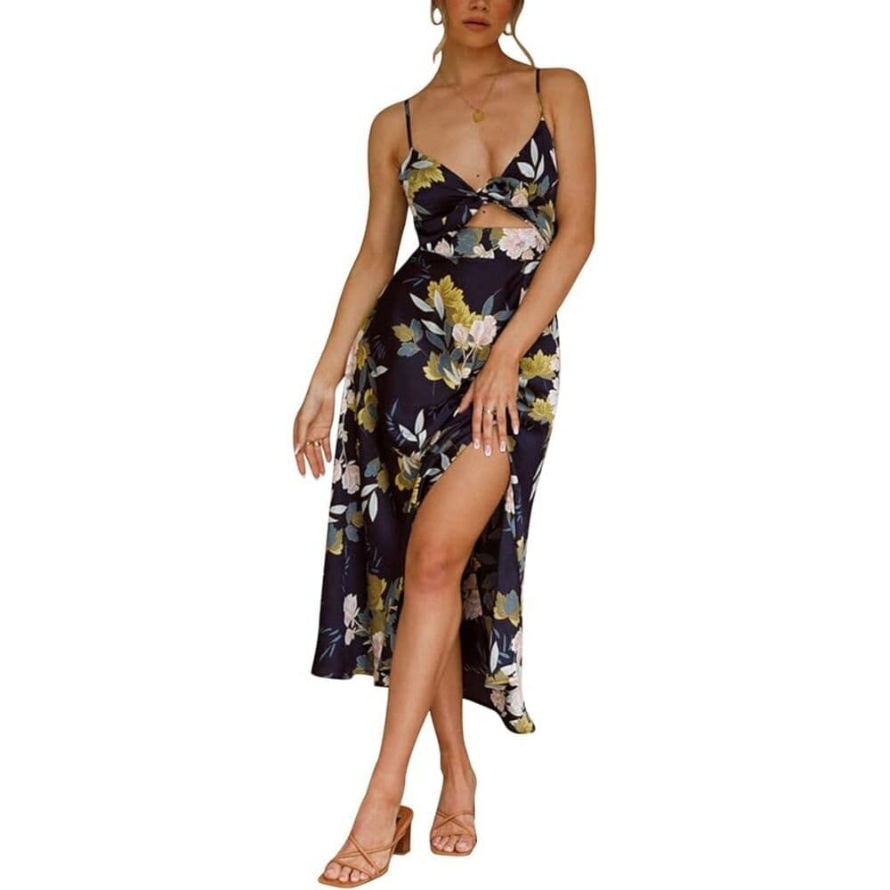 Women Medium Spaghetti Strap Midi Satin Dresses Tie Front Backless Slit Cutout D - Thumbnail 7