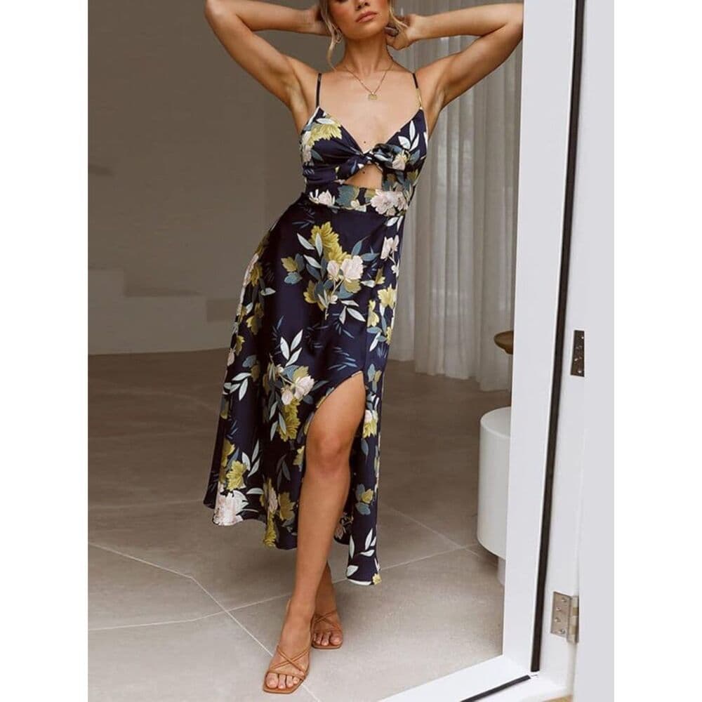Women Medium Spaghetti Strap Midi Satin Dresses Tie Front Backless Slit Cutout D - Thumbnail 6