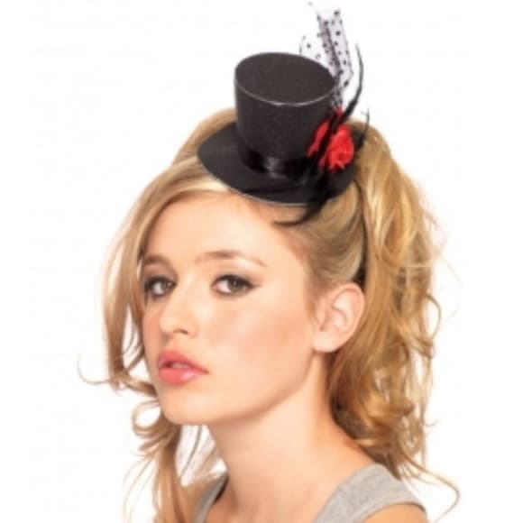 Leg Avenue Black Rose Clip-On Mini Top Hat with Glitter & Feather - Thumbnail 8