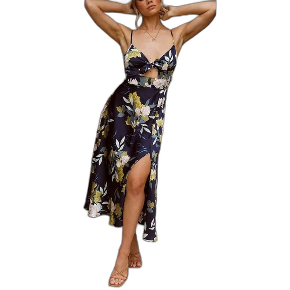 Women Medium Spaghetti Strap Midi Satin Dresses Tie Front Backless Slit Cutout D - Thumbnail 3