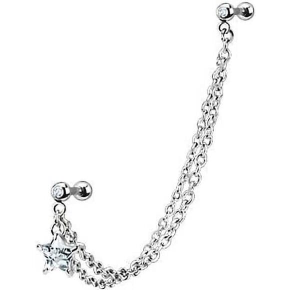 Tragus to Helix Chain Earring with Dangle Star | 316L Steel - Thumbnail 2