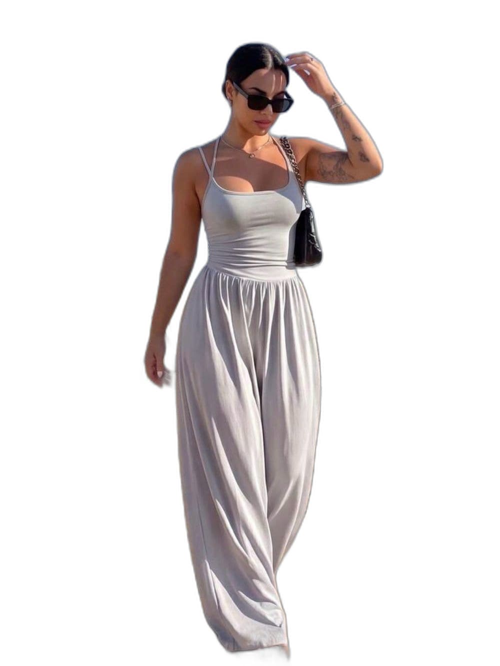 Women's Light Gray Sleeveless Jumpsuit Size Large - Thumbnail 4