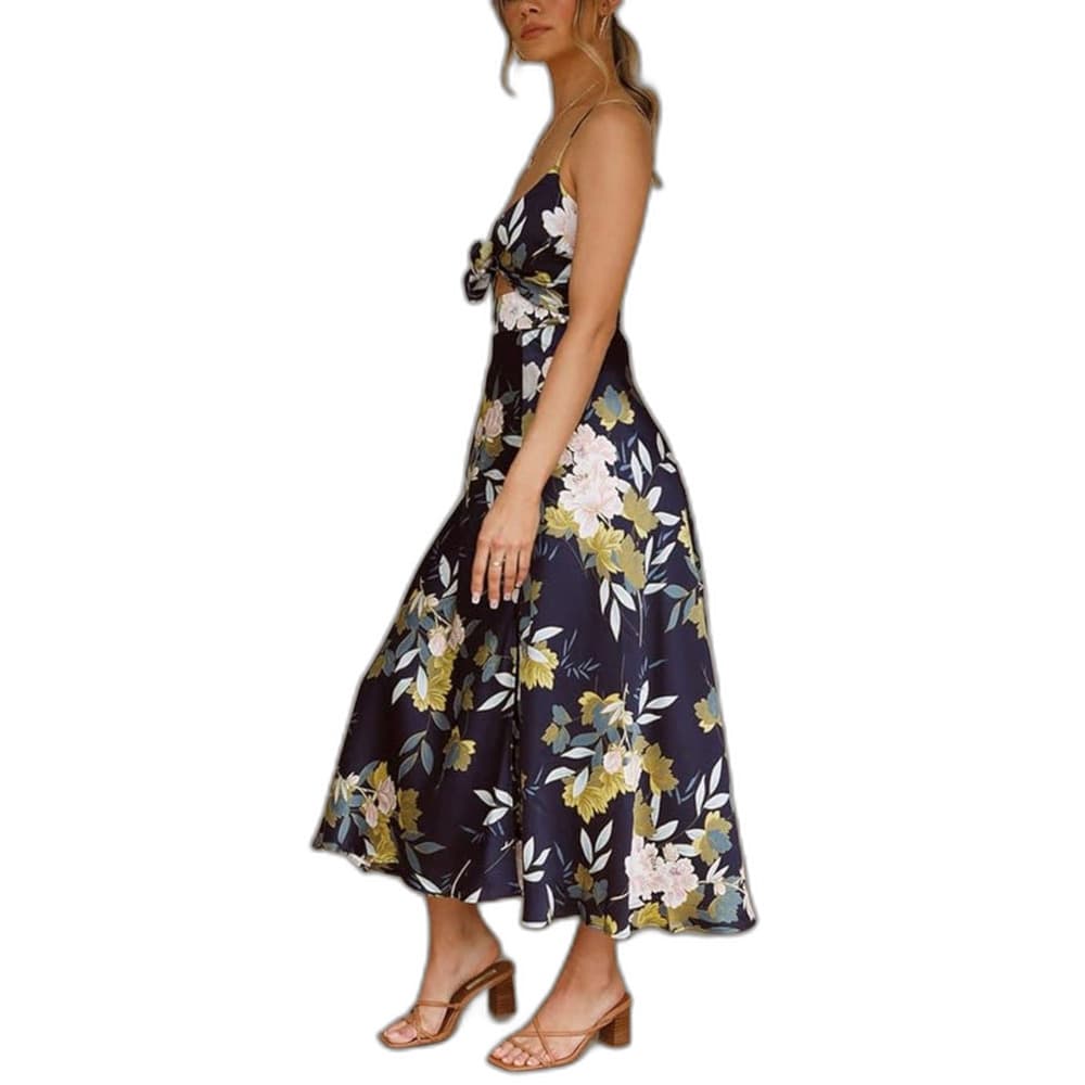 Women Medium Spaghetti Strap Midi Satin Dresses Tie Front Backless Slit Cutout D - Thumbnail 4