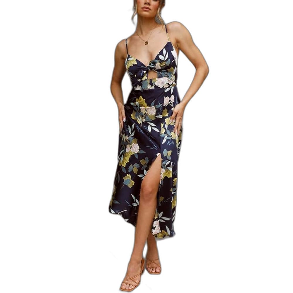 Women Medium Spaghetti Strap Midi Satin Dresses Tie Front Backless Slit Cutout D