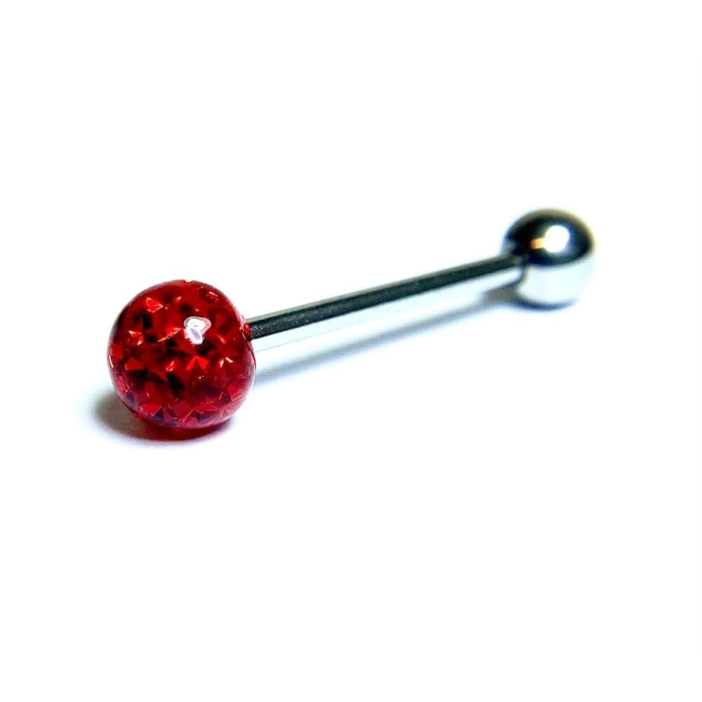 Multi Crystal Ferido Ball Tongue Ring 14G 5/8” 316L Steel 6mm - Red - Thumbnail 6