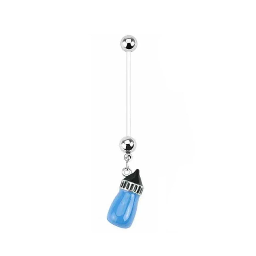 Pregnancy Navel Ring – Blue Baby Bottle Dangle – 14G 1” Flexible Bioflex - Thumbnail 4
