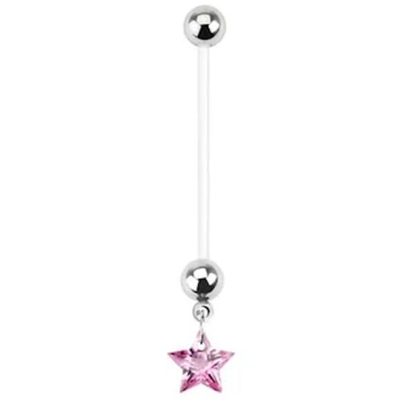 Pregnancy Pink Star Navel Ring Dangle – 14G BioFlex 1” Bar - Thumbnail 6