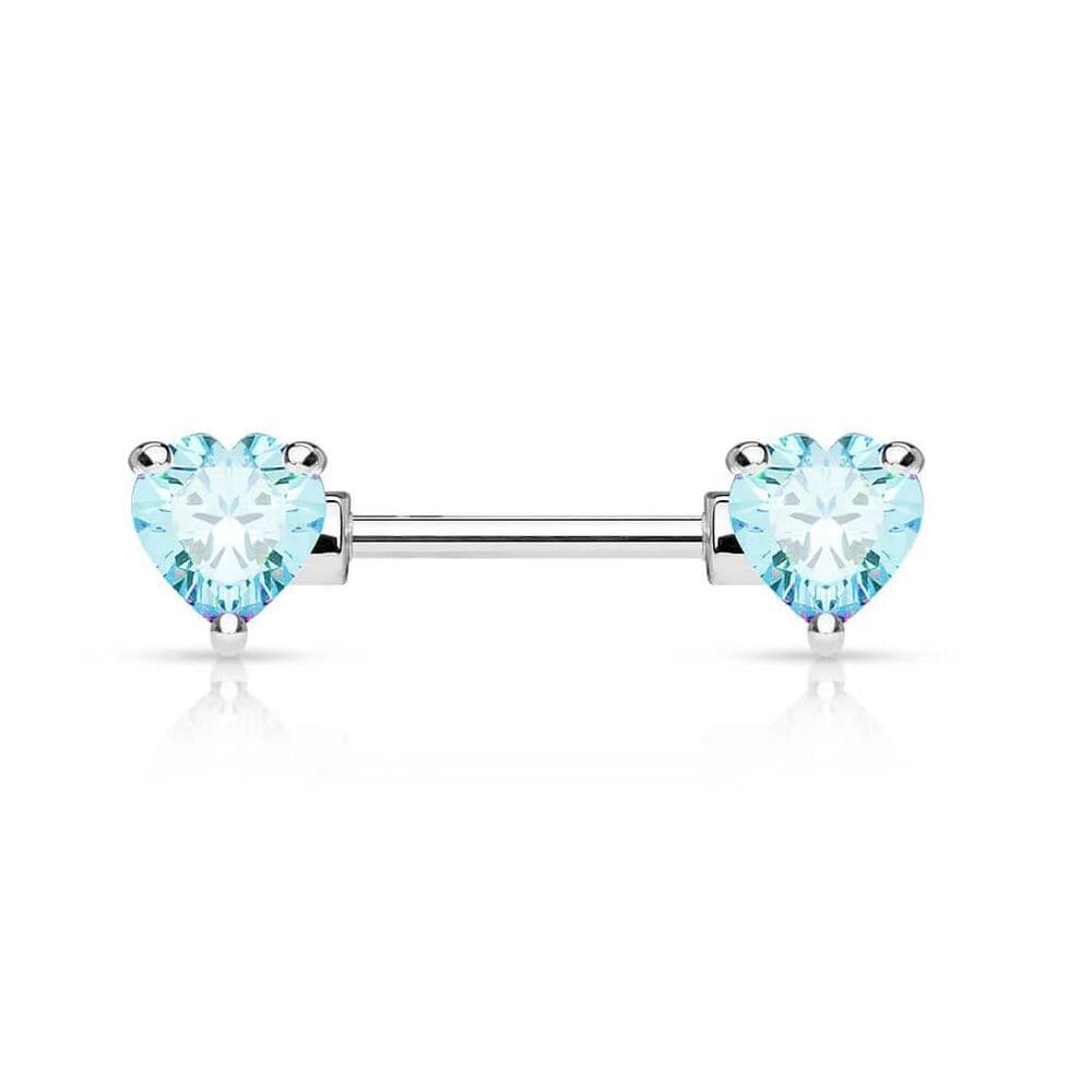 Double Heart CZ Nipple Bar 14G 9/16” 316L Steel Piercing Jewelry Single Bar - Thumbnail 2