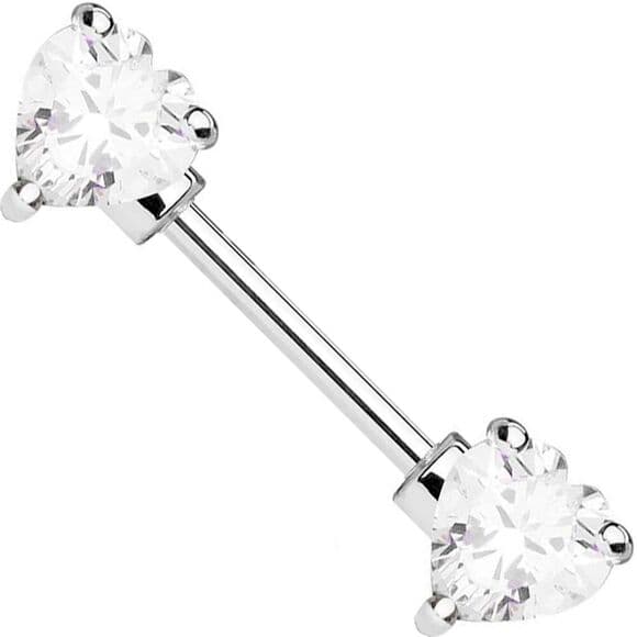 Double Heart CZ Nipple Bar 14G 9/16” 316L Steel Piercing Jewelry Single Bar - Thumbnail 6