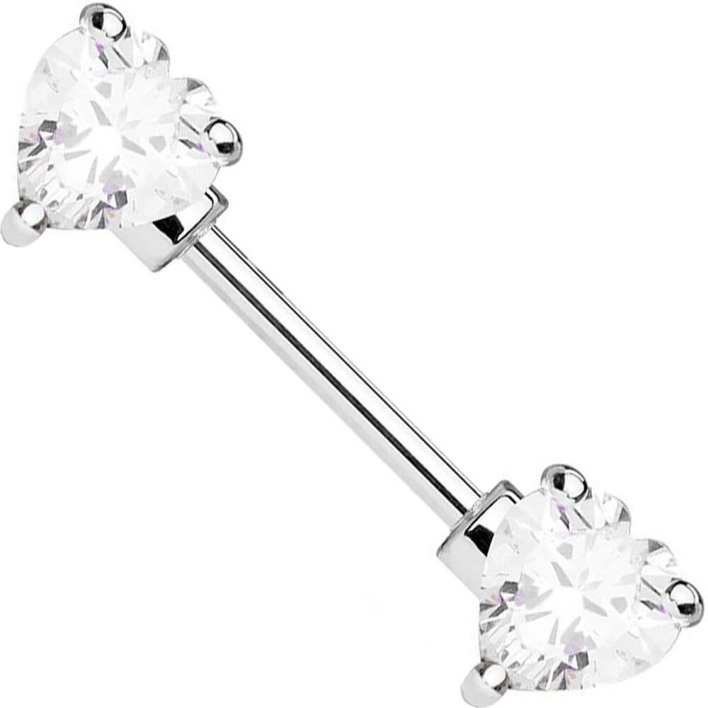 Double Heart CZ Nipple Bar 14G 9/16” 316L Steel Piercing Jewelry Single Bar - Thumbnail 5