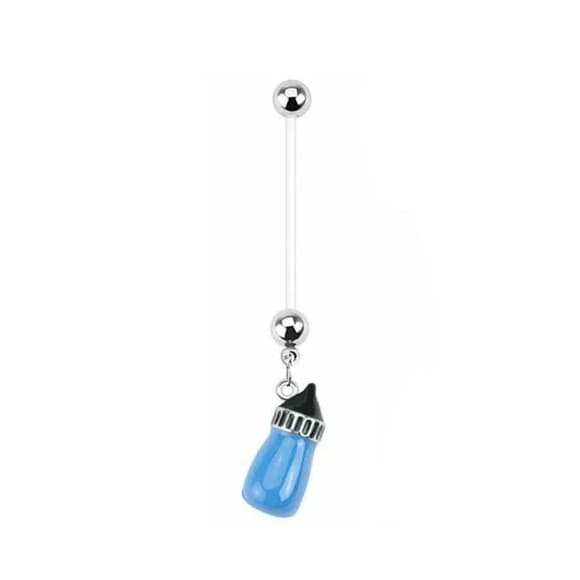 Pregnancy Navel Ring – Blue Baby Bottle Dangle – 14G 1” Flexible Bioflex - Thumbnail 5