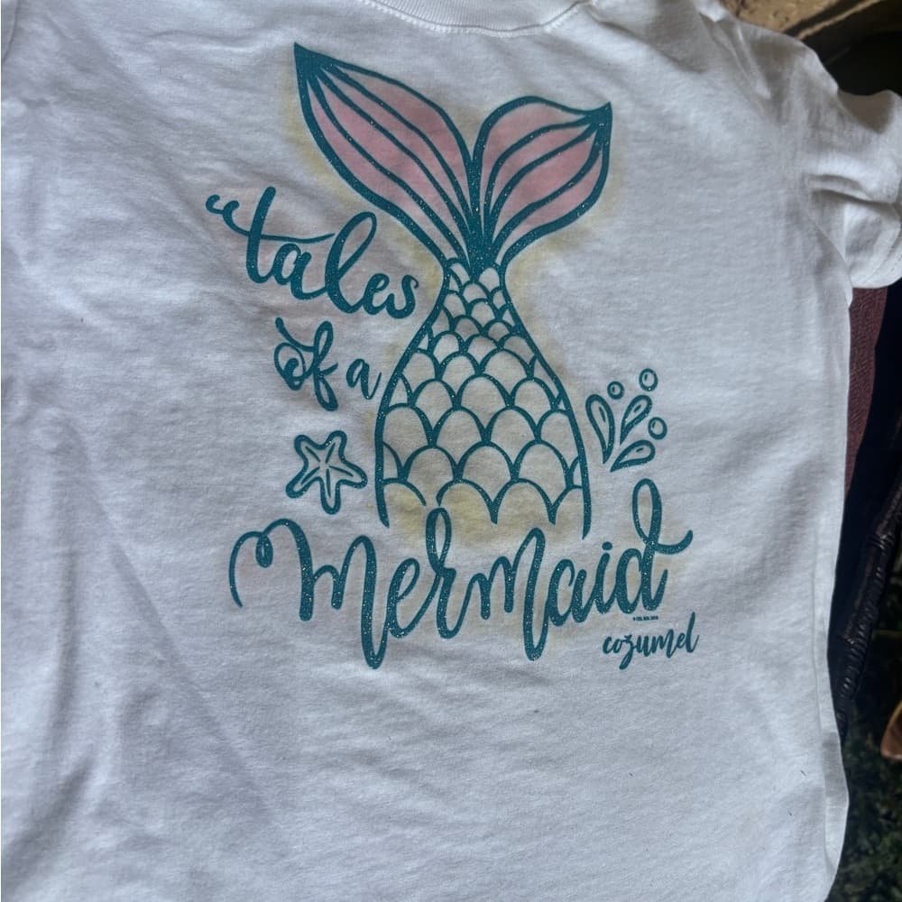 White and Blue Short Sleeve Tee with Mermaid Design