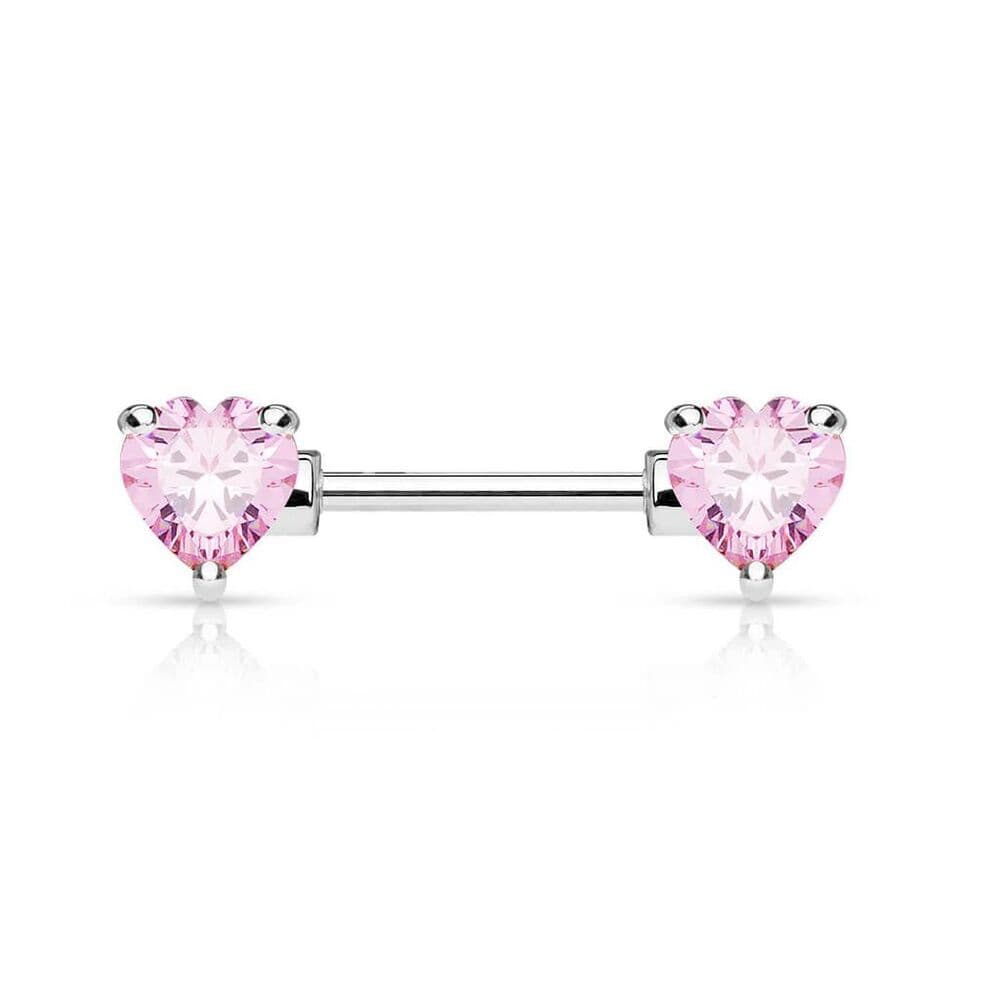 Double Heart CZ Nipple Bar 14G 9/16” 316L Steel Piercing Jewelry Single Bar - Thumbnail 3
