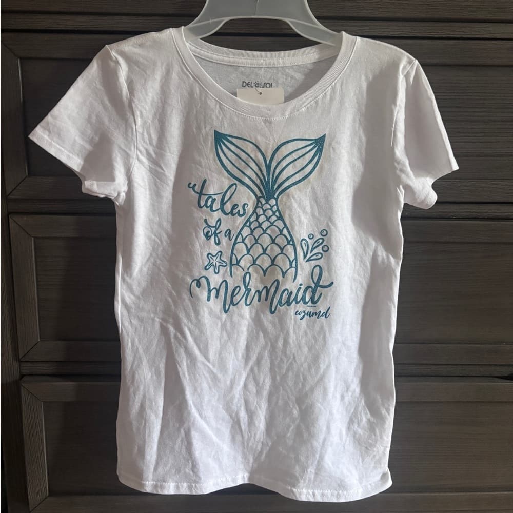 White and Blue Short Sleeve Tee with Mermaid Design - Thumbnail 6