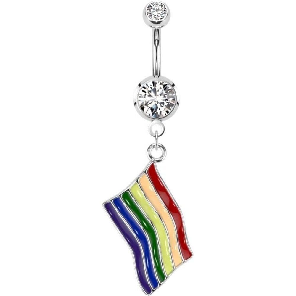 Rainbow Pride Flag Dangle Belly Ring – 14G 316L Surgical Steel | CZ Gem