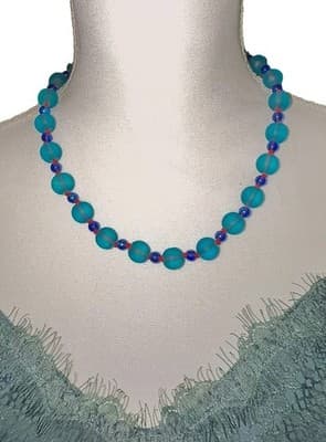 Blue Teal Frosted Czech Glass Bead Necklace Hand Knotted Red Accent Beads Choker