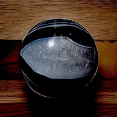 Polished Black Banded Agate Crystal Sphere with Druzy Section Display Specimen