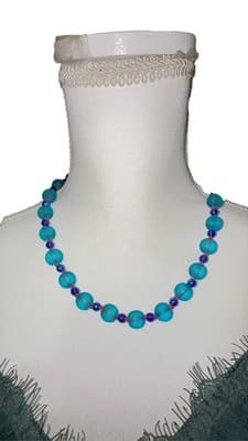 Blue Teal Frosted Czech Glass Bead Necklace Hand Knotted Red Accent Beads Choker - Thumbnail 3