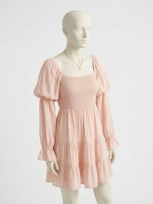 Pink Smocked Puff Sleeve Tiered Mini Dress Cottagecore Fairycore Whimsy Medium