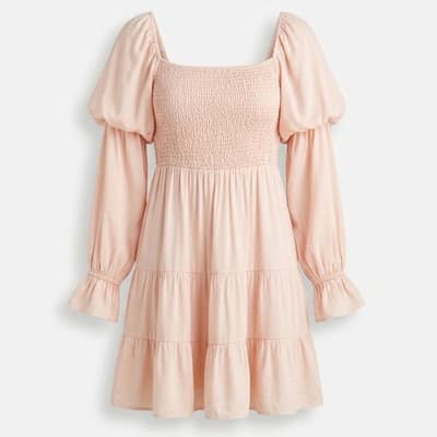 Pink Smocked Puff Sleeve Tiered Mini Dress Cottagecore Fairycore Whimsy Medium - Thumbnail 5