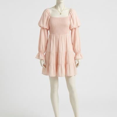 Pink Smocked Puff Sleeve Tiered Mini Dress Cottagecore Fairycore Whimsy Medium - Thumbnail 4
