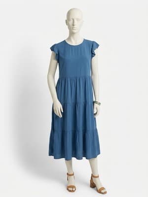 KIRUNDO Ruffled Flowy Tiered Blue Cottagecore Midi Boho Chic Fairycore Dress XL