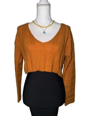 Cute Cozy Retro Style Orange Ribbed Knit V-Neck Cropped Sweater S