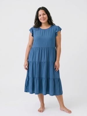 KIRUNDO Ruffled Flowy Tiered Blue Cottagecore Midi Boho Chic Fairycore Dress XL - Thumbnail 2