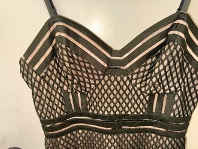 GUESS Nude Olive Green Bandage Bodycon Dress Mirage Mesh Overlay Midi Dress Y2K - Thumbnail 3