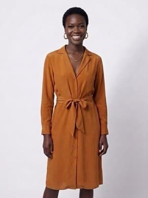 Calvin Klein Rust Midi Collared Long Sleeve Tie Waist Peep Key Hole Dress Sz 10 - Thumbnail 2