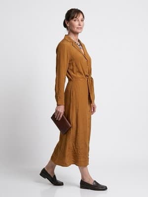 Calvin Klein Rust Midi Collared Long Sleeve Tie Waist Peep Key Hole Dress Sz 10 - Thumbnail 3
